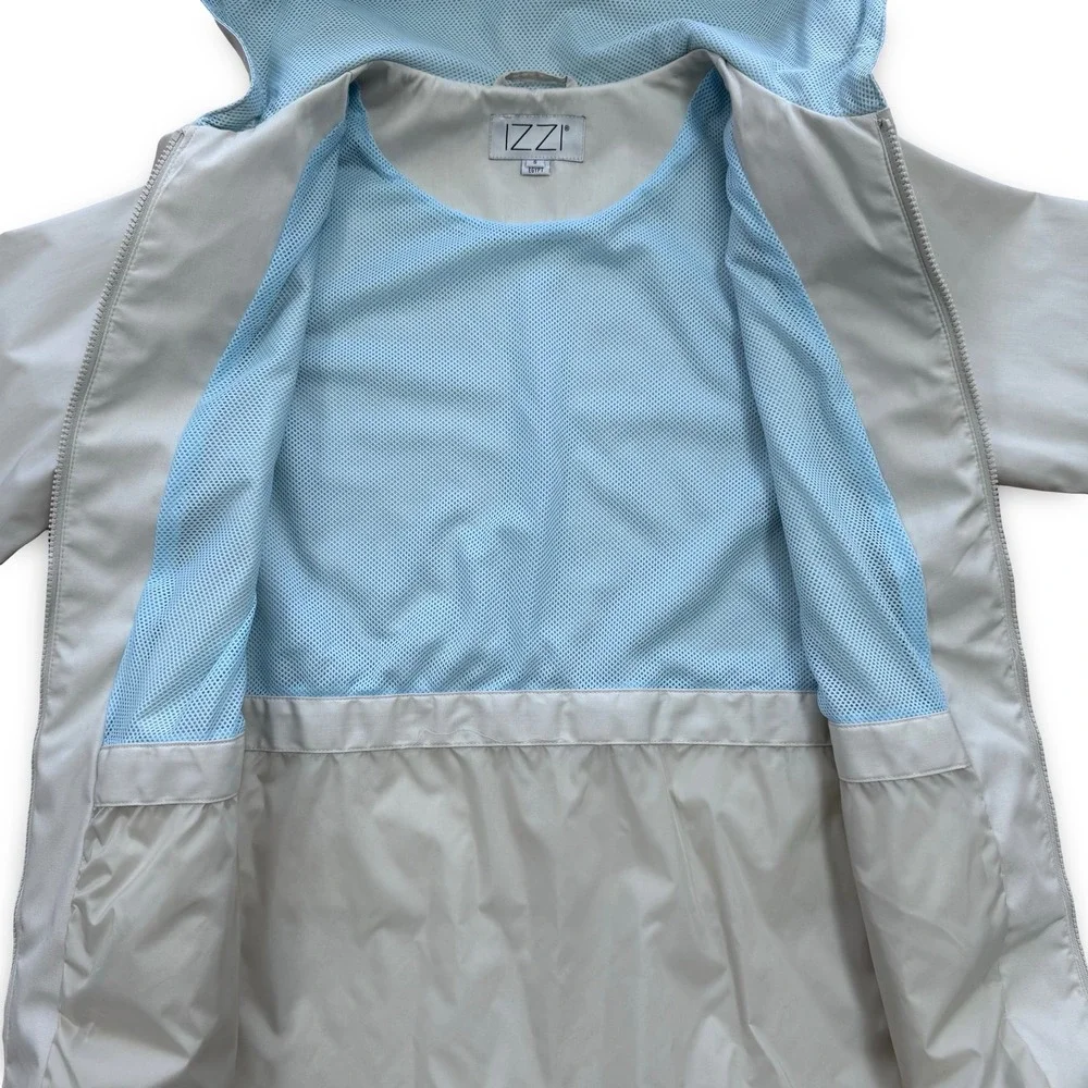 IZZI Women Stone Beige Hooded Windbreaker Jacket Floral Embroidery Small